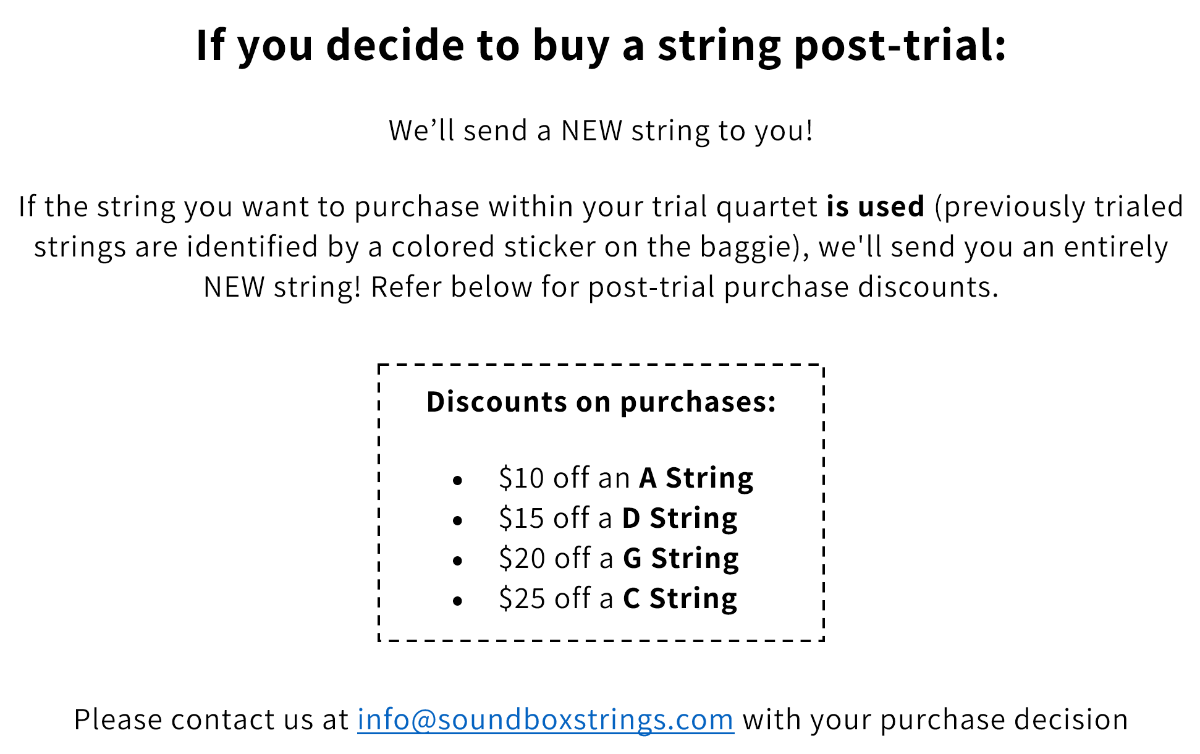 Post-trial quartet purchase discounts for cello on Soundbox Strings