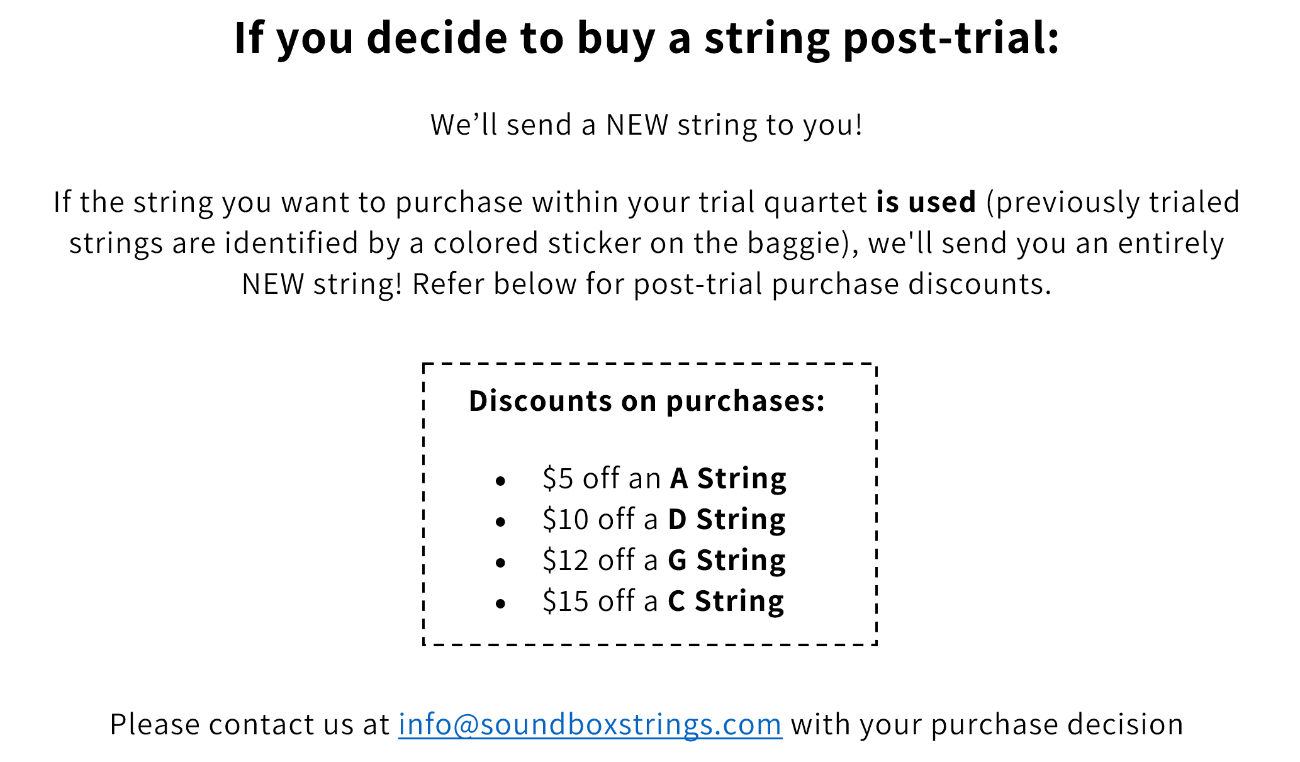 Post-trial quartet purchase discounts for viola on Soundbox Strings