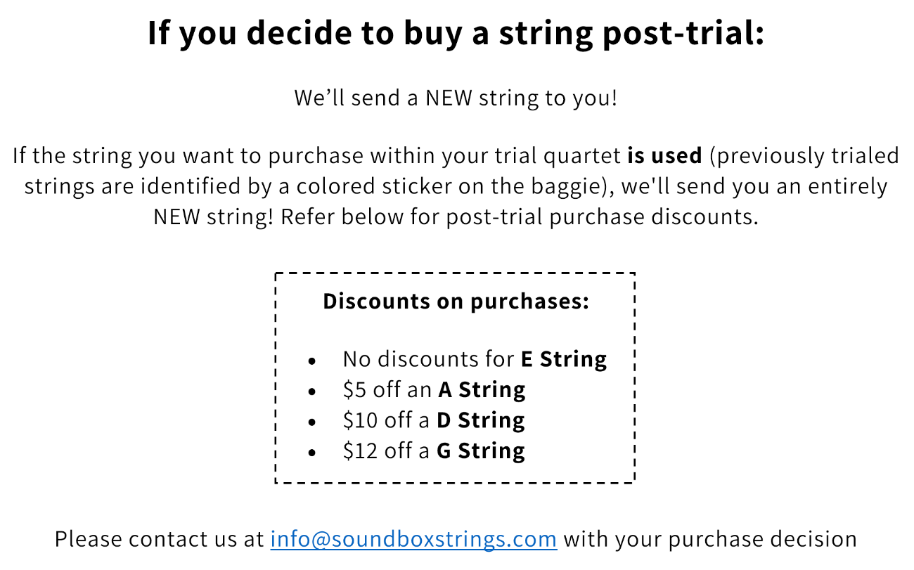 Post-trial quartet purchase discounts for violin on Soundbox Strings